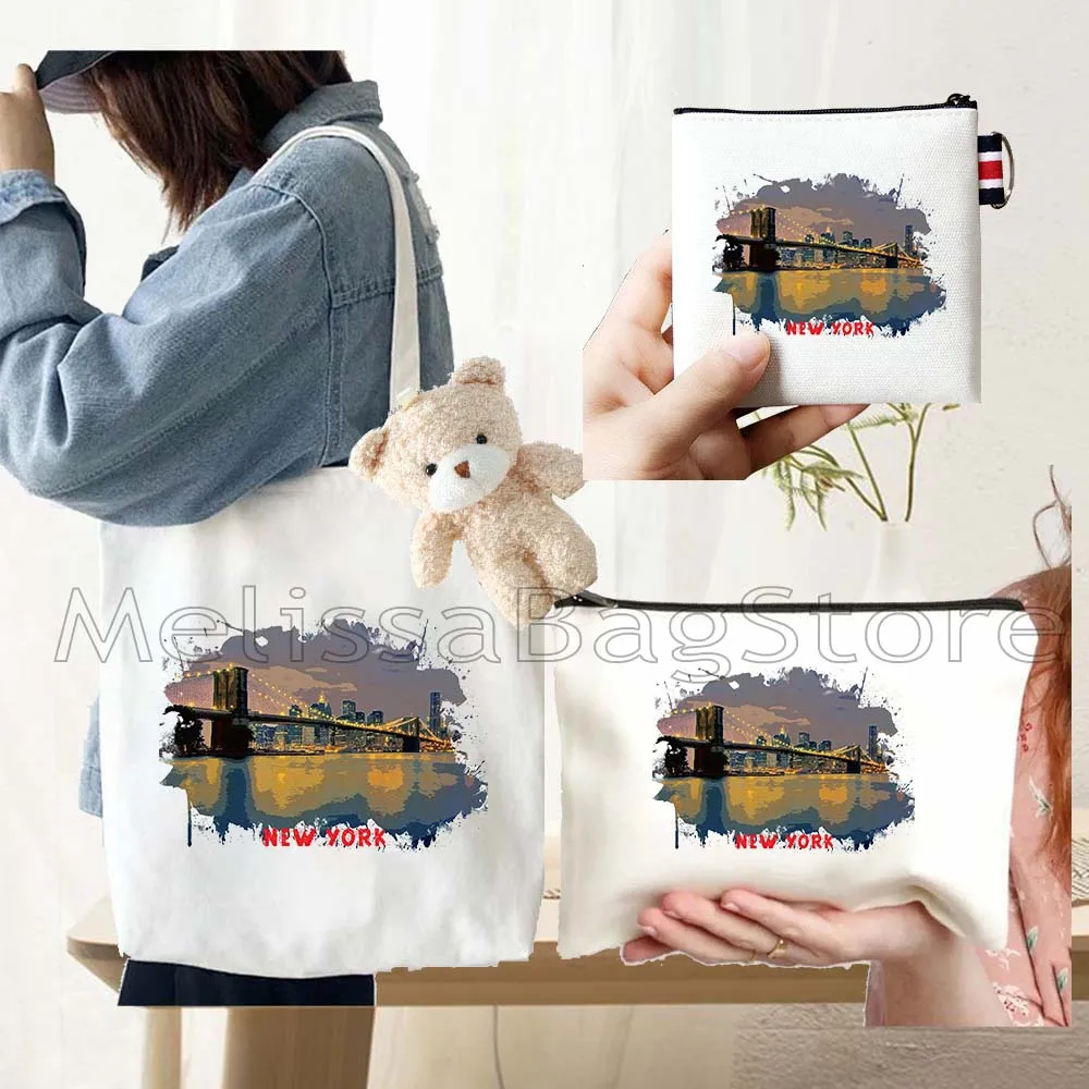 4PCS Gift Set New York City Black Canvas Tote Bag Handbag with Doll Key Coin Purse Cosmetic Makeup Toilet Bag Case Pouch