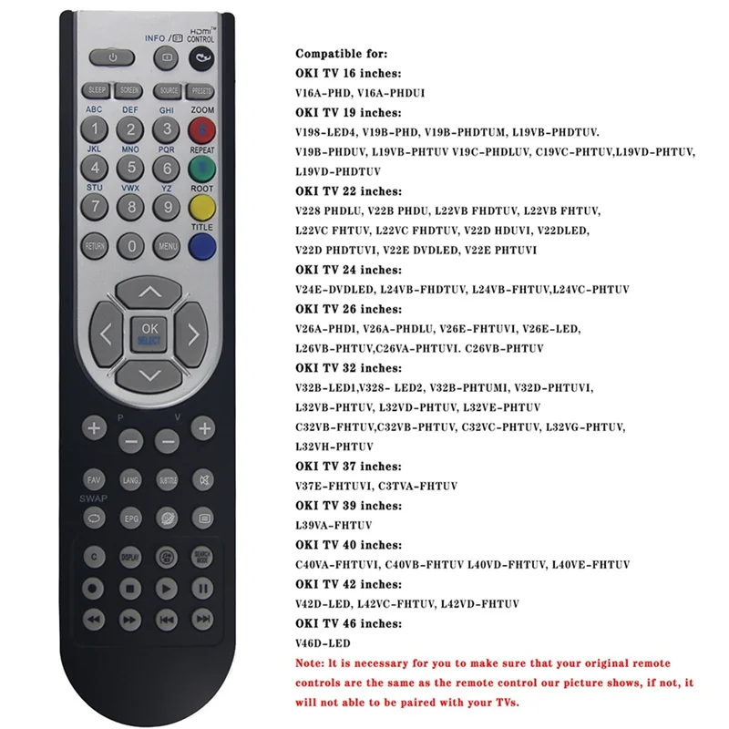 OKI Hitachi Alba Luxor Grundig Vestel Telefunken Bush Techwood Flinlux Akai Nevir Sanyo TV 용 ABDE-RC1900 리모콘