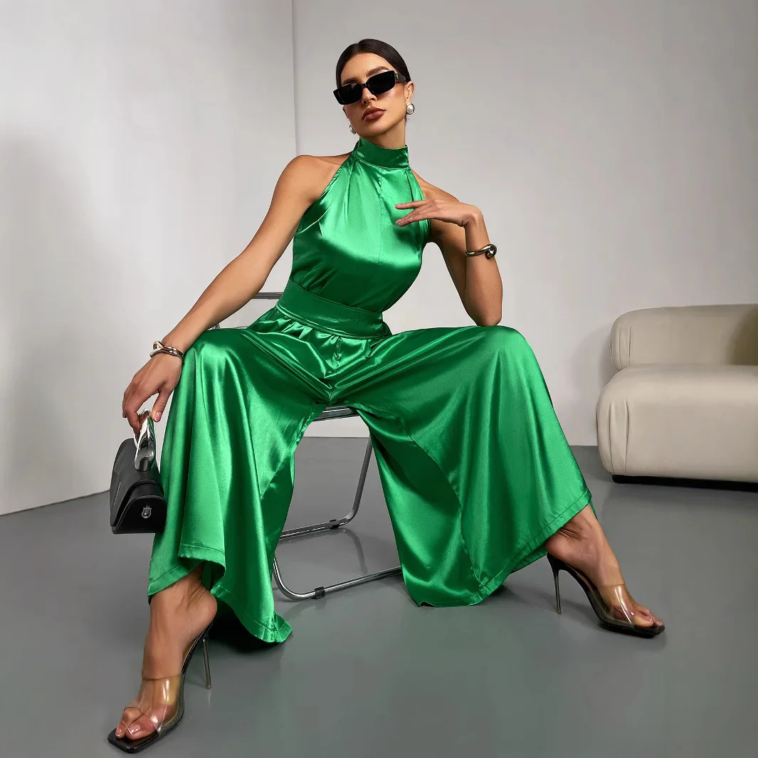 Glossy Satin Women Rompers Elegant Solid Sleeveless Wide Leg Jumpsuits 2025 Summer New Fashion Workout Activewear One Piece