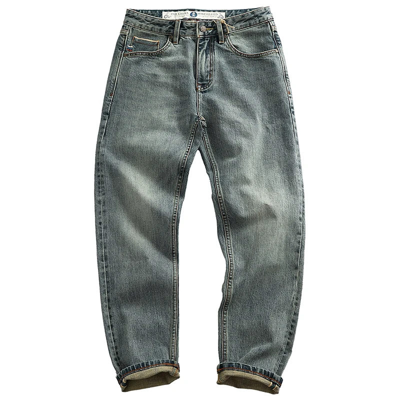 الرجعية اليابانية Sle الضوء الأزرق الرجال سليم مستقيم الساق الجينز الدنيم السراويل Faionable السراويل الطويلة مريحة للتنفس