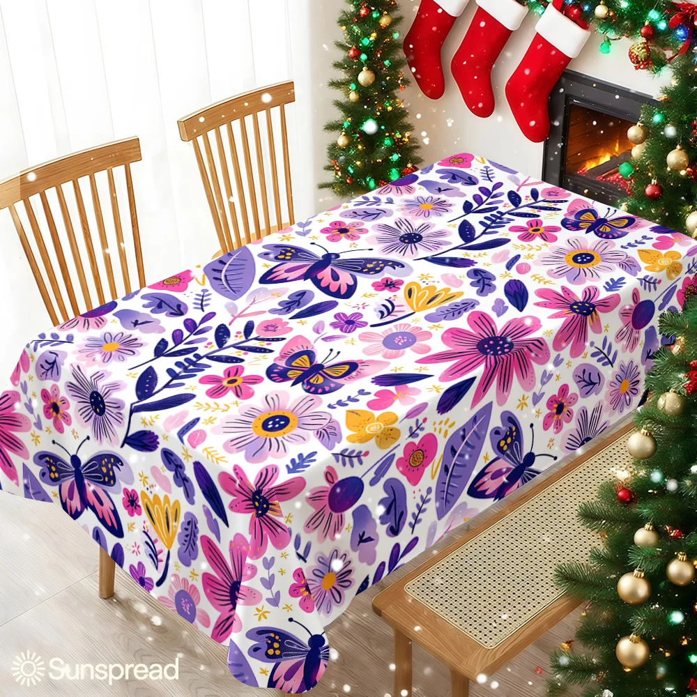 Purple Butterflies Floral Leav Waterproof table cloth, splash-proof tablecloth, for party, Halloween, Christmas, dining, camping