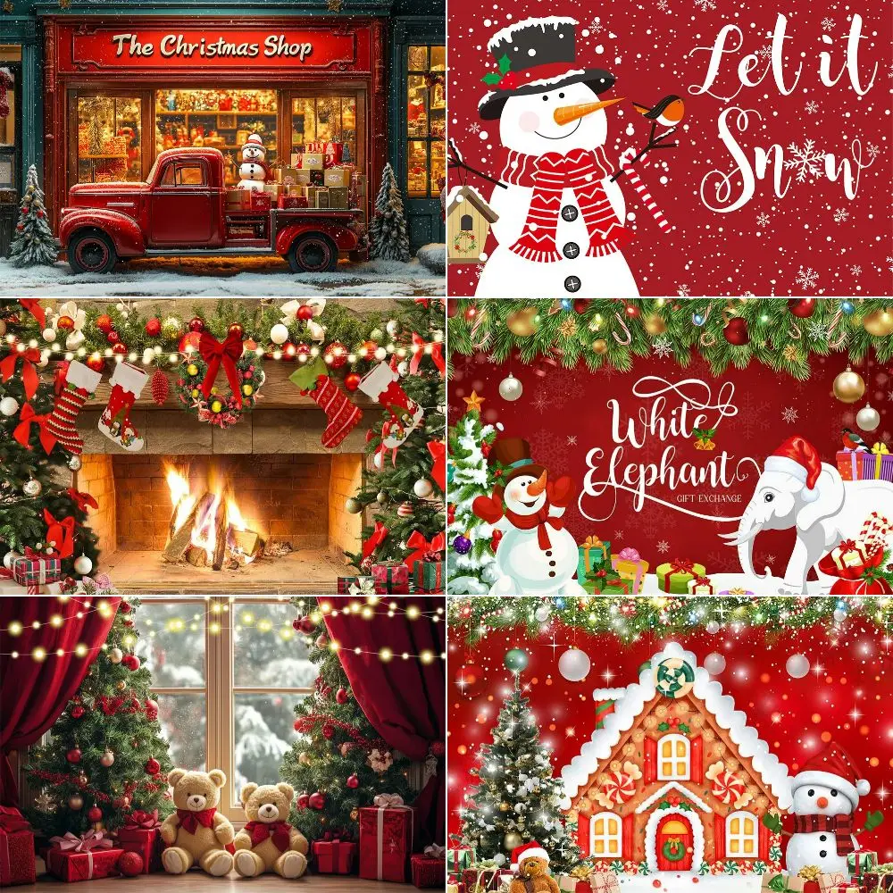

Зимний рождественский фон для фотосъемки, красная шляпа Санта-Клауса, снеговик, сосна, грузовик, украшение, праздничный семейный фон для детской вечеринки