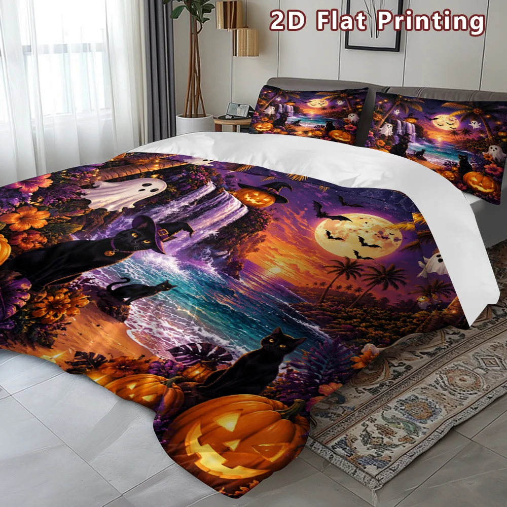 Soft Duvet Cover Set, 2D Flat Printed Duvet Cover Set, Yellow and Black Butterfly Floral Duvet Cover Set, Halloween Beach Scene Duvet Cover Set, Brightly Colored Print, Breathable Polyester, Machine Washable, Invisible Zipper, Large Duvet Cover Set, Bedding Set, Quilt Cover