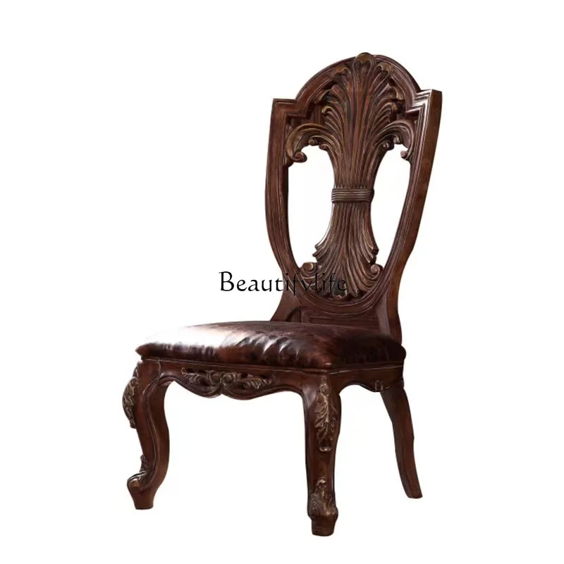 European solid wood dining chair backrest single casual negotiation solid wood American retro soft bag armrest chair