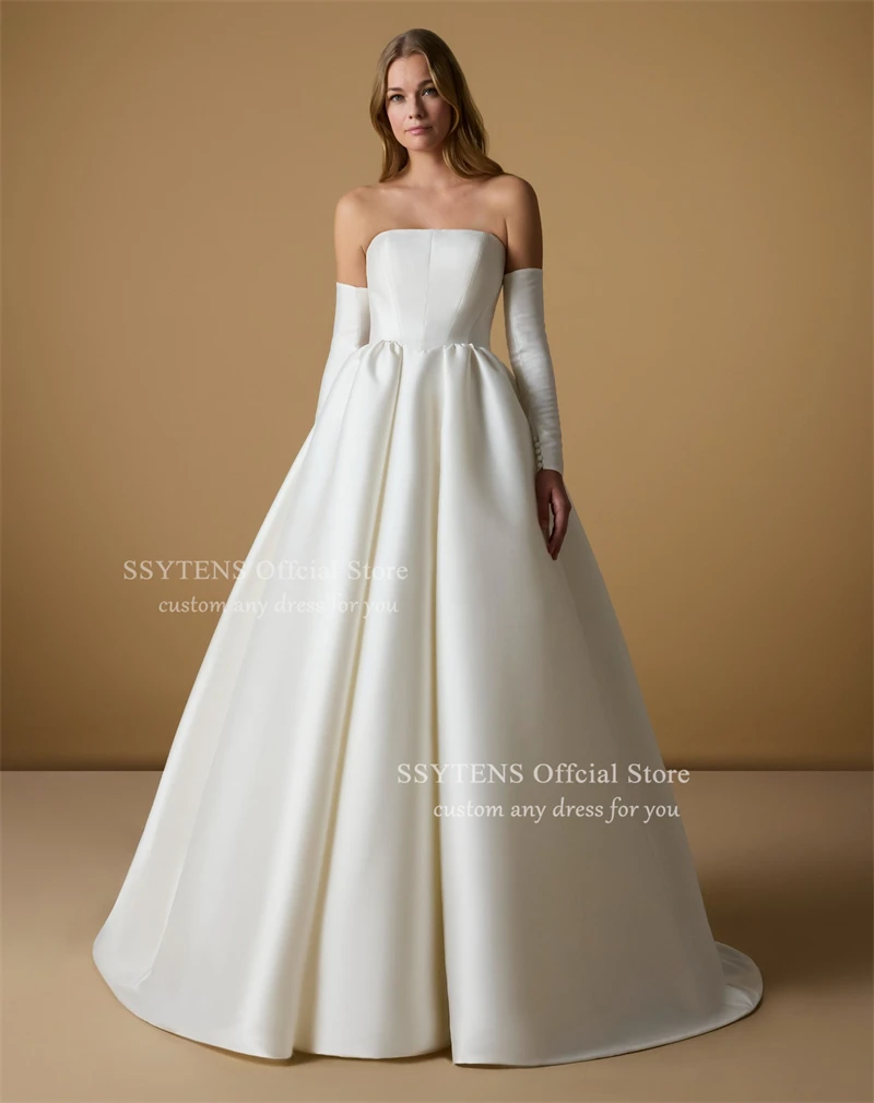 SSYTENS White Graceful High Waist Wedding Dresses Strapless Floor Customized Bride Dress Detachable Long Sleeves Bridal Gowns