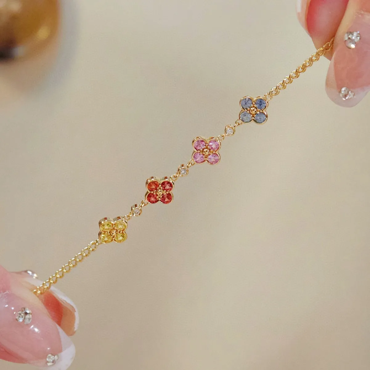 

Sweet 925 Silver Rainbow Sapphire Clover Cuban Chain Bracelets For Women Yellow Gold Four-Leaves Flower Cuff Bangle Fine Jewelry