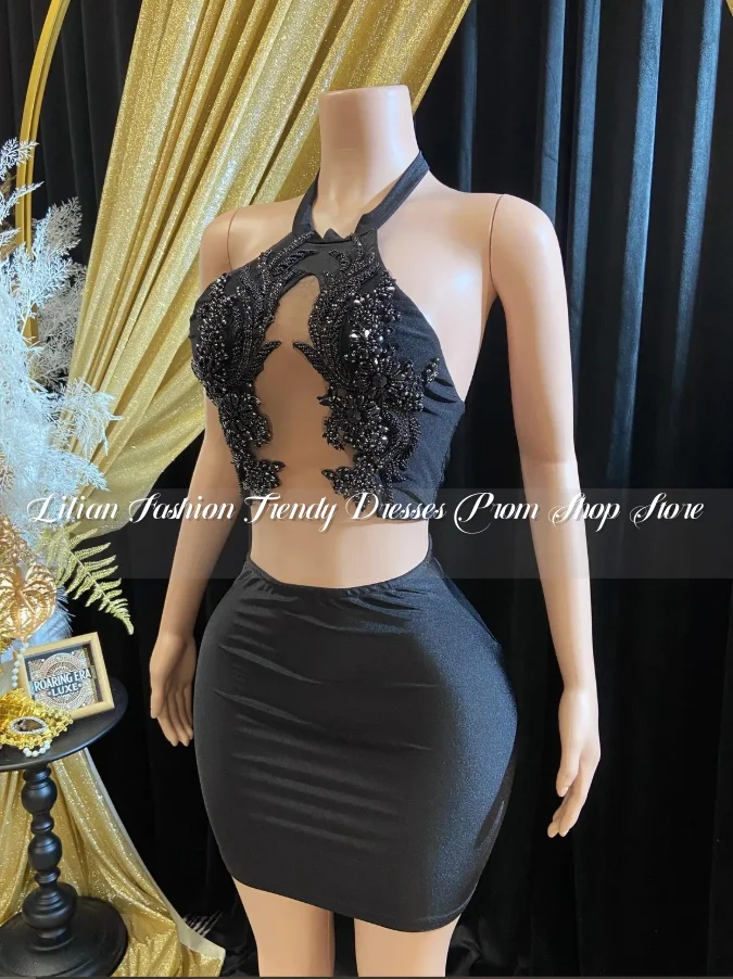 Black Sexy Hanging Neck Short Cocktail Party Dress 2025 For Women Luxury Crystal Beaded Appliques Birthday Party Queen Custom