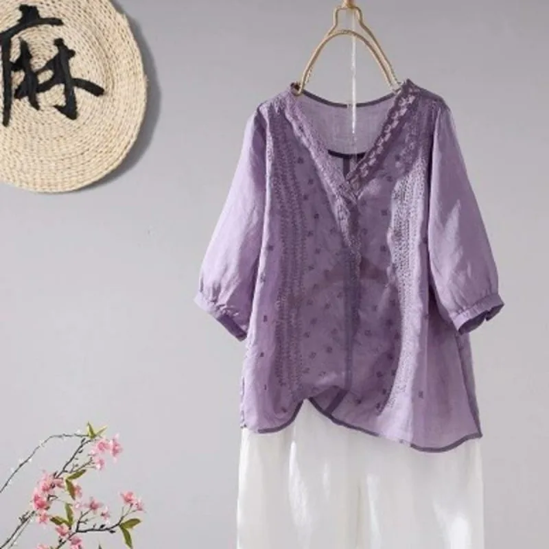 

Новая летняя хлопково-льняная блузка в стиле ретро с вышивкой и короткими рукавами, женский пуловер с v-образным вырезом в западном стиле, женские топы