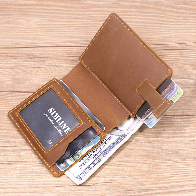 Genuine Leather Wallet For Men Male Vintage Cowhide Short Small Slim Bifold Man Purse With Pull Tab Credit Card Holder ID Window