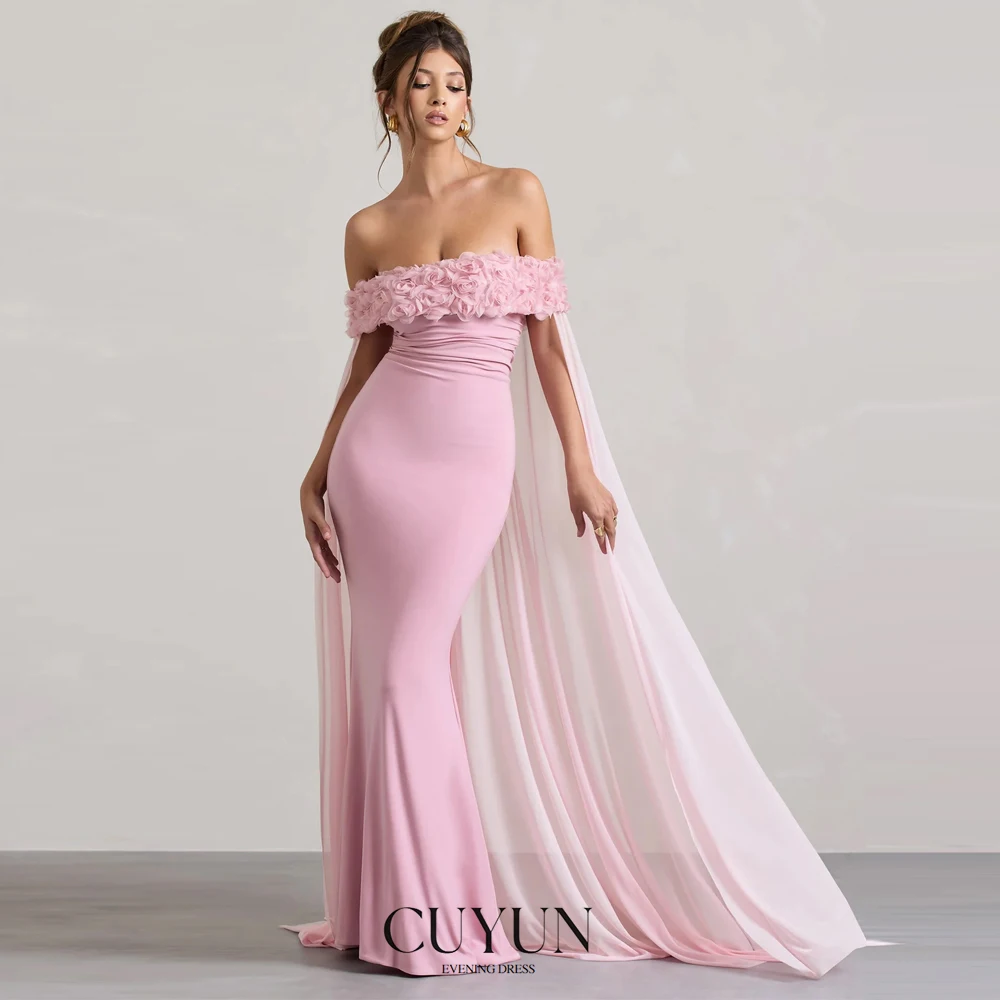 

CUYUN Boat Neck 3DOff Flower Evening Dresses Chiffon Mermaid Formal Occasion Gown Customized Off the Shoulder Party Gown