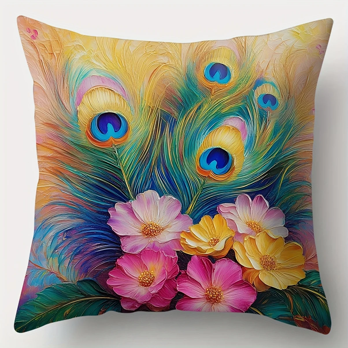 Peacock Feather Floral Pillow Covers, Vibrant Pink Gold Decorative Throw Pillow Cases, Luxury Home Decor for Sofa Bed, No Insert