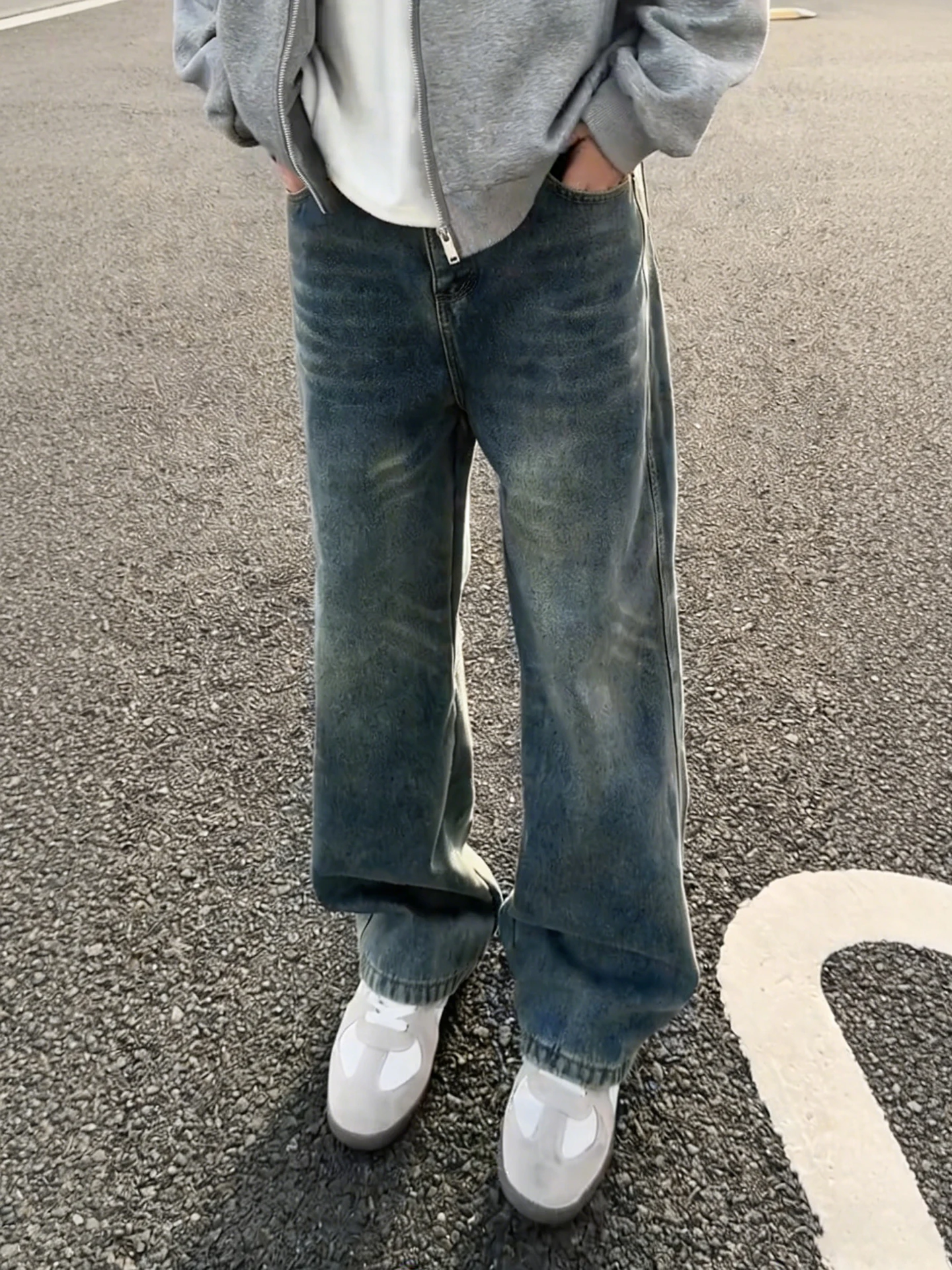 

Мужские джинсы прямого кроя с эффектом потертости, синие, с флисовой подкладкой, в американском уличном стиле, осень-зима