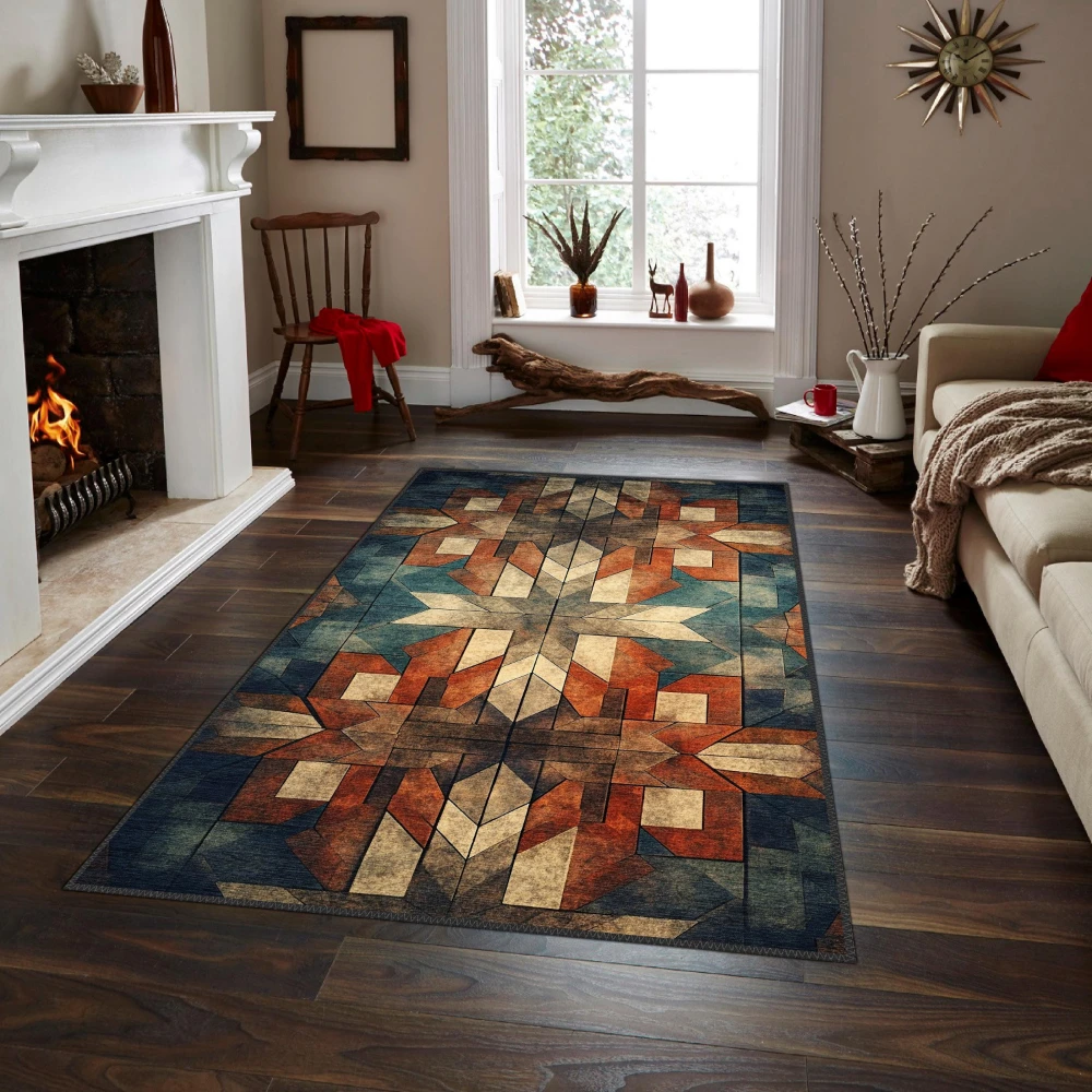 Abstract Mid Century Sun Pattern carpet modern sitting nook study desk front open living space home decor floor mat