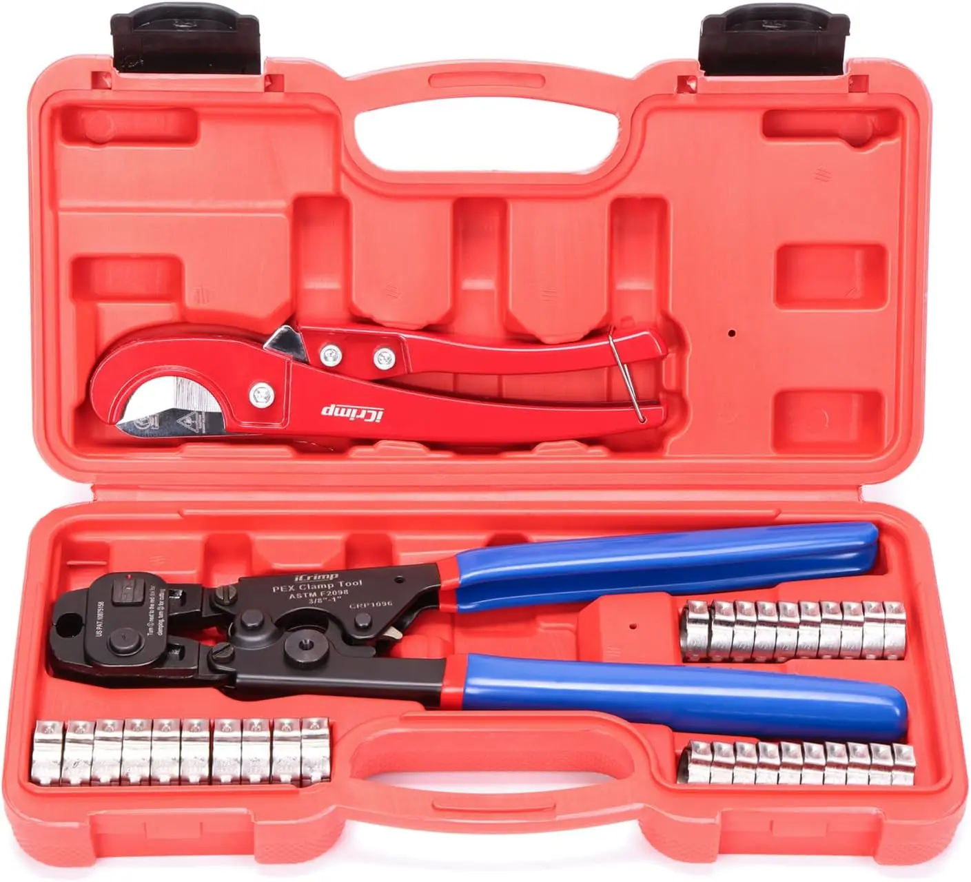 

PEX Crimping Tool with Remover for 3/8-in, 1/2-in, 3/4-in, 1-in Stainless Steel Clamps - Includes Clamps and Pipe Cutter