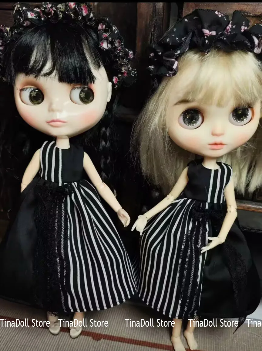 

（TinaDoll Store) 1pcs Splicing black and white stripes Vest Skirt for Landazz Landoudou/Blythe/ob22/ob24 Doll