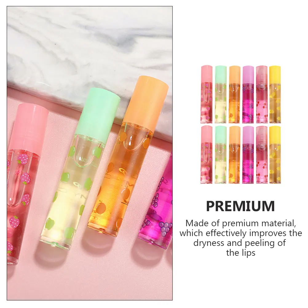 12pçs batons líquidos transparentes, brilho labial protetor hidratante feminino design de frutas presente de inverno bálsamo labial