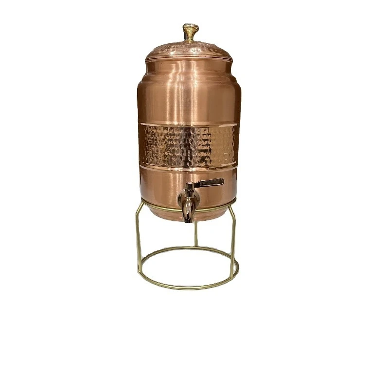 5L Hand Hammered Copper Water Dispenser Pot Portable Drinking Storage Vessel with Tap Stand for Home Kitchen Daily Use
