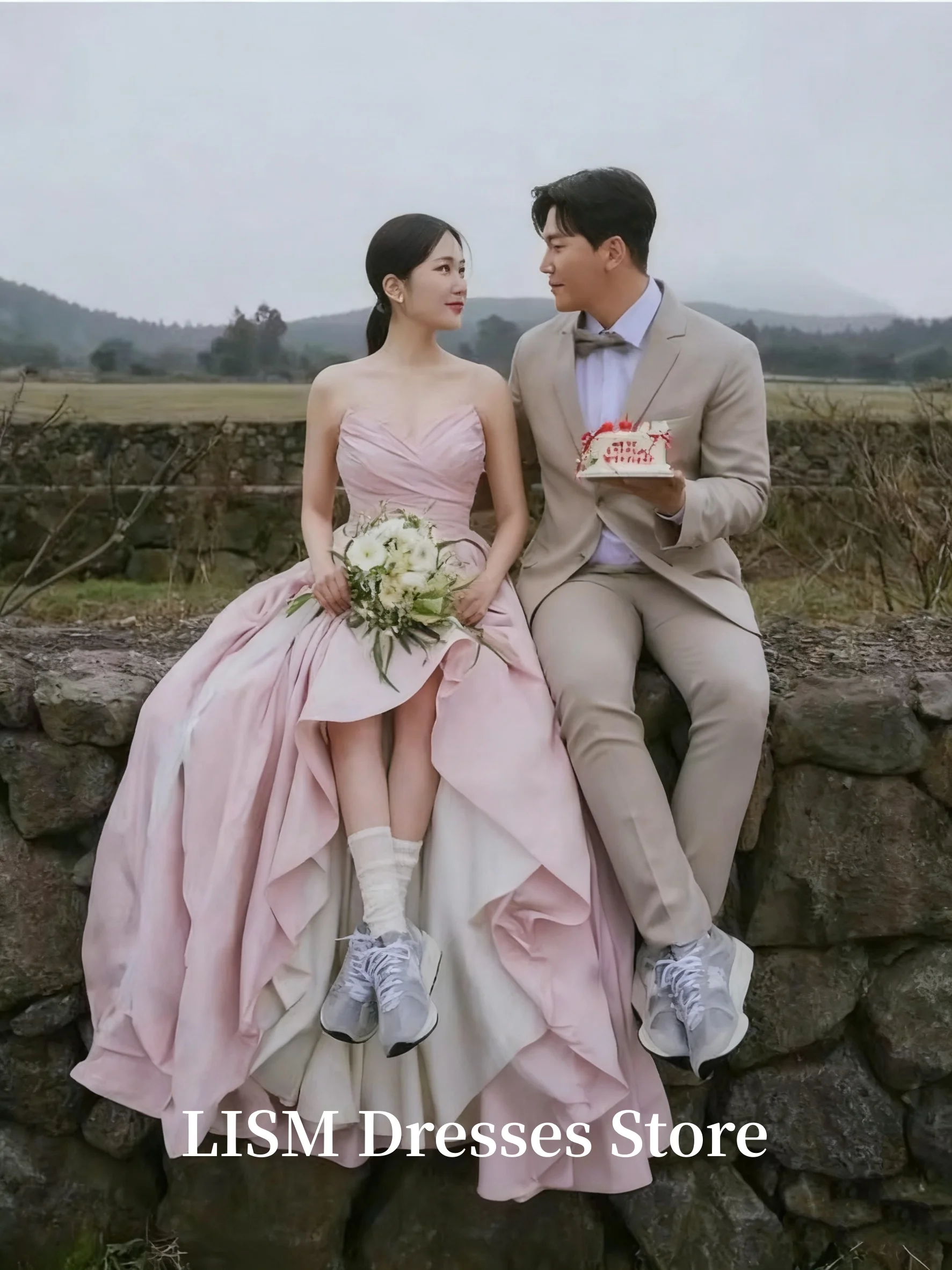 LISM Roze Koreaanse Avondjurken Spaghettibandjes Een Lijn Taft Bruids Zelf Trouwjurk Outdoor Fotoshoot Aangepaste Jurk