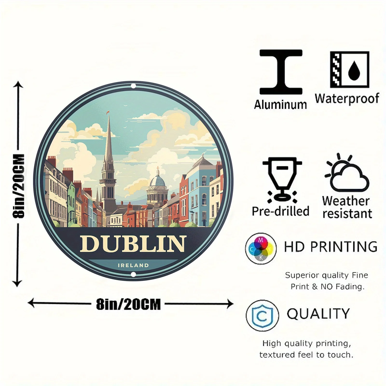 Dublin Ireland Round Metal Sign - 1pc 8 Inch Aluminum Wall Art with HD Printed Cityscape, Pre-Drilled, Weather-Resistant, High-Q