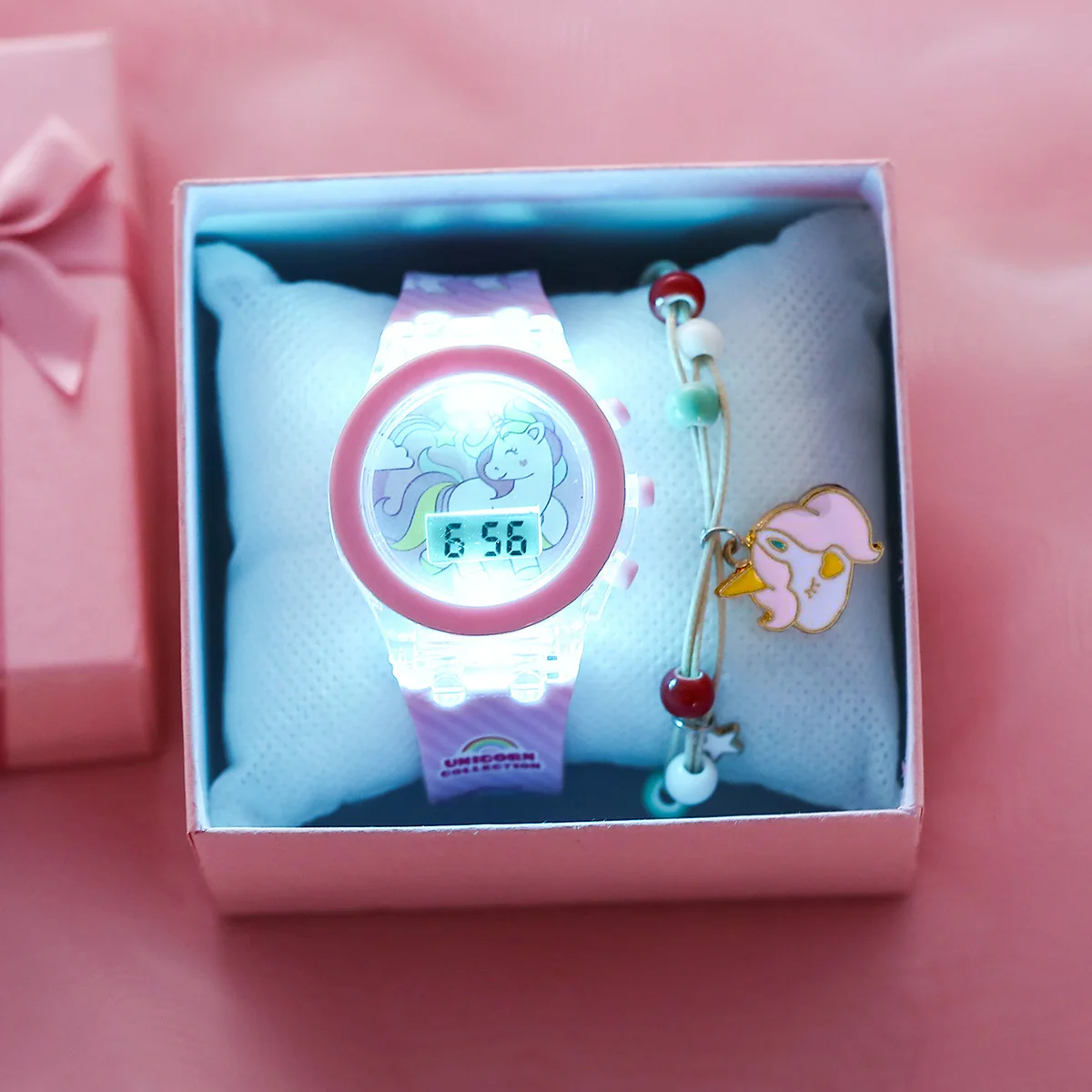 Relojes de unicornio para niñas con caja de pulsera, correa de silicona, luz de Flash, reloj para niños, reloj infantil para mujeres