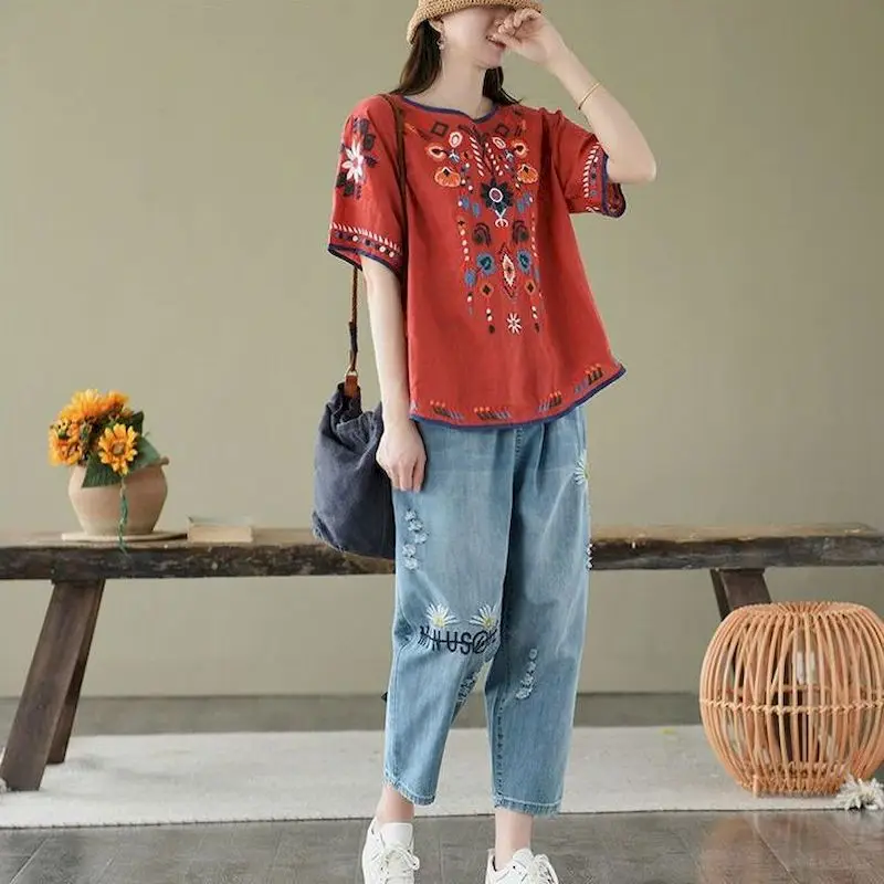 القطن الكتان تي شيرت المرأة العرقية نمط التطريز تي شيرت عادية خمر س الرقبة قصيرة الأكمام بلايز الصيف الاتجاه رقيقة التي شيرت #5