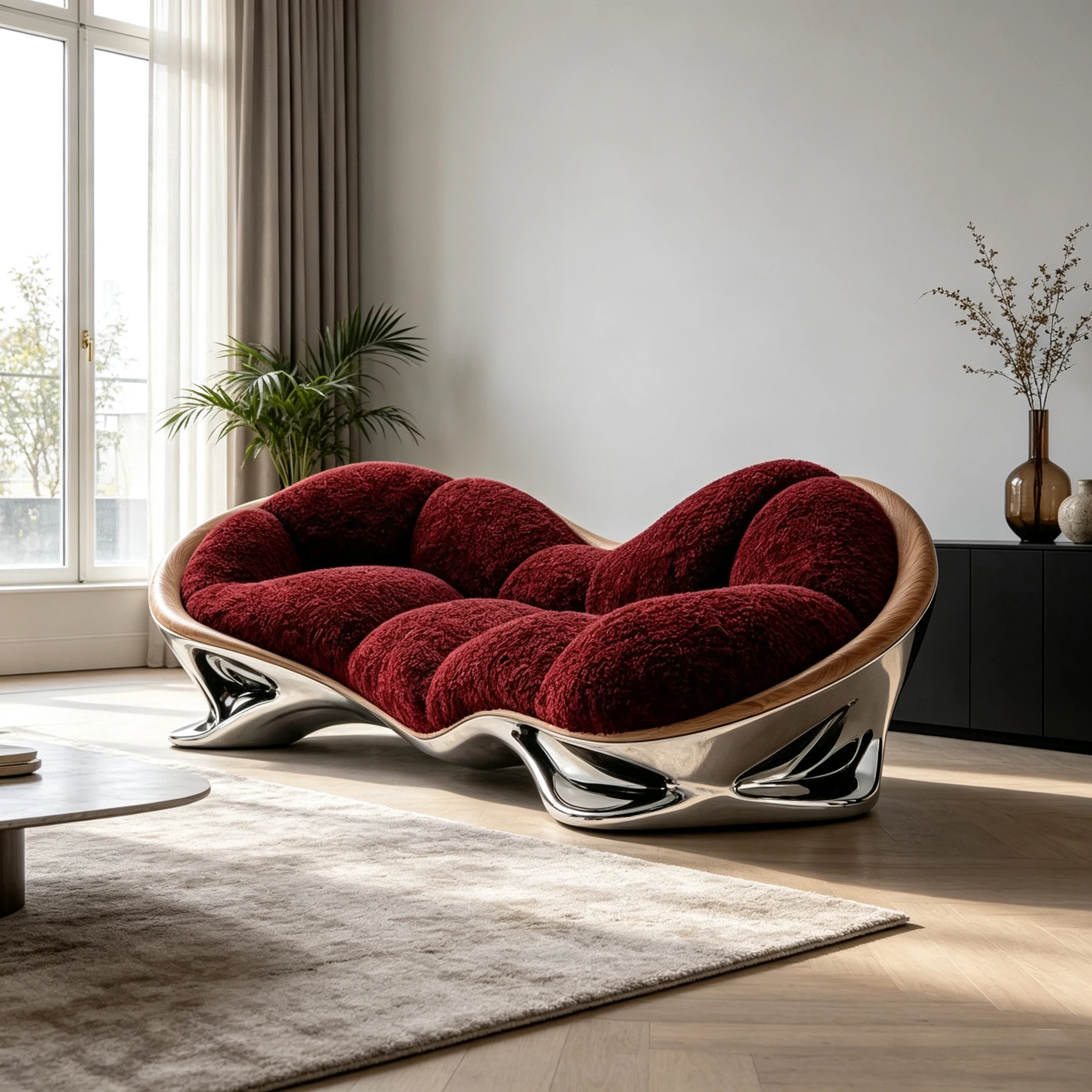 Z*-Red Fluffy Boucle Curved Home Sofa Wood-Grain Fiberglass Trim Glossy Feet for Luxury Interior Decor^