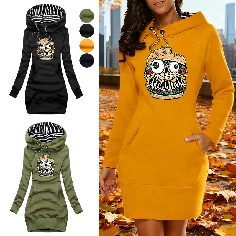 Women's Midi Skirt Dress with Pockets, Simple Hooded Style, Casual Wear, Fashionable Sporty Autumn/Winter Warm Casual Dress