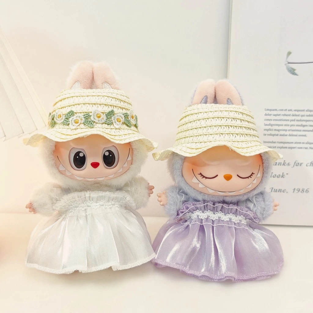 (Cloth Only) Labubu Doll Accessories 17cm Party Wedding Dress with Straw Hat and Elegant Pearl Details