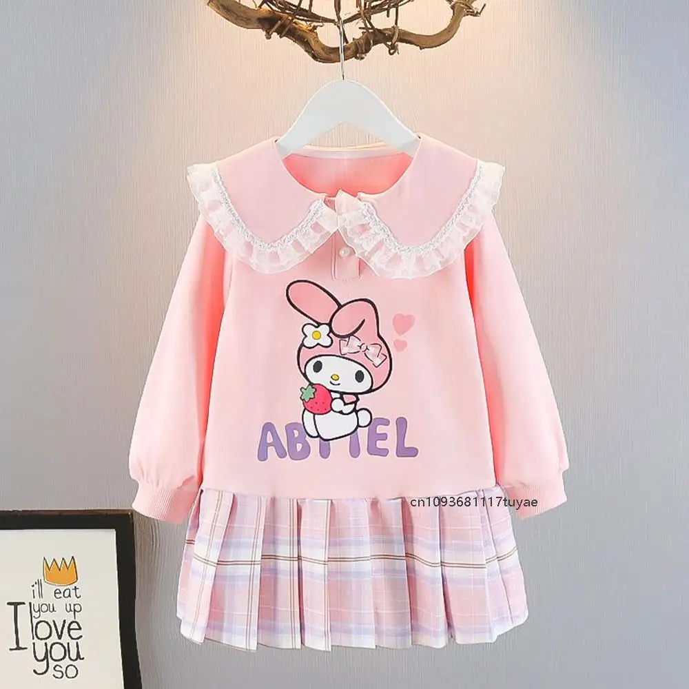 Kawaii Kuromi Children Dress Lace Doll Collar Pleated Skirt Sanrios Melody Anime Spring Korean Cute Fashion Teen Princess Dress