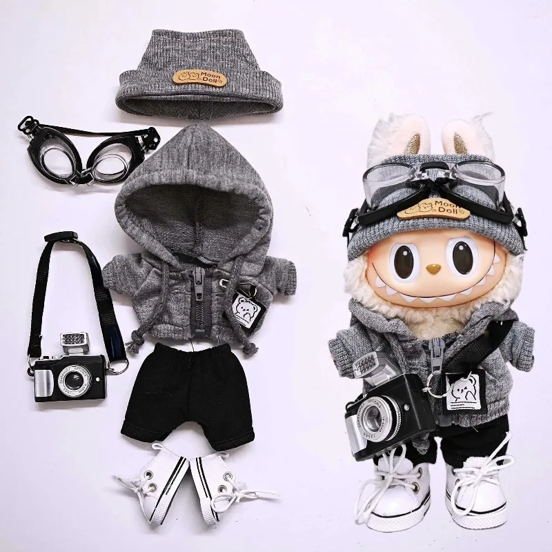 Ensemble de sweat à capuche universel Labubu 15cm/17cm, tenue tendance grise avec lunettes d'appareil photo, écouteurs et chaussures en toile, Compatible série 1-3