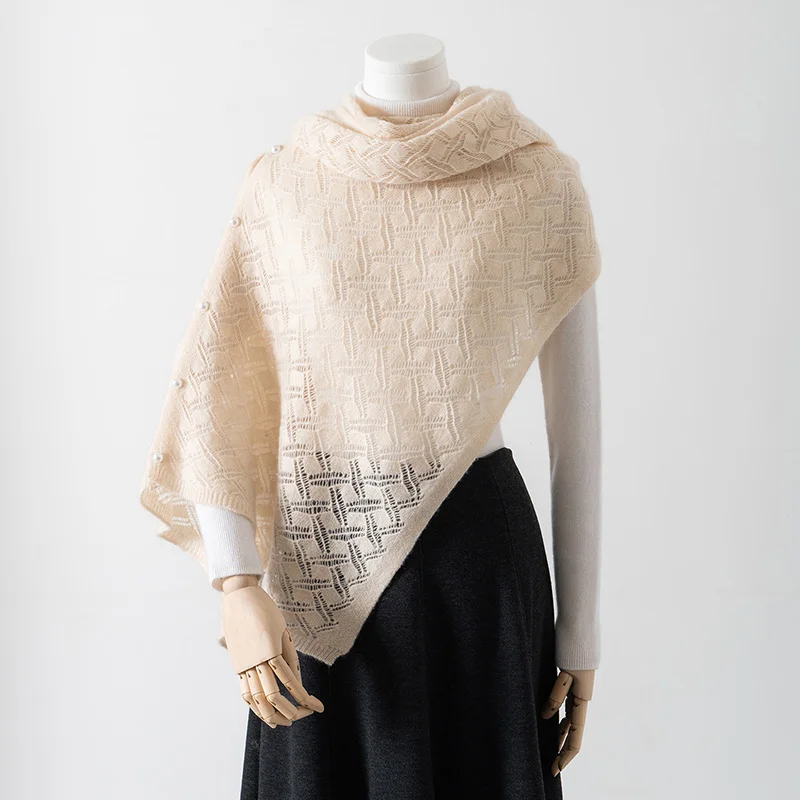 

2025Высококачественная женская однотонная вязаная шаль из 100% кашемира, полый дизайн, простой стиль, теплая длинная водолазка.