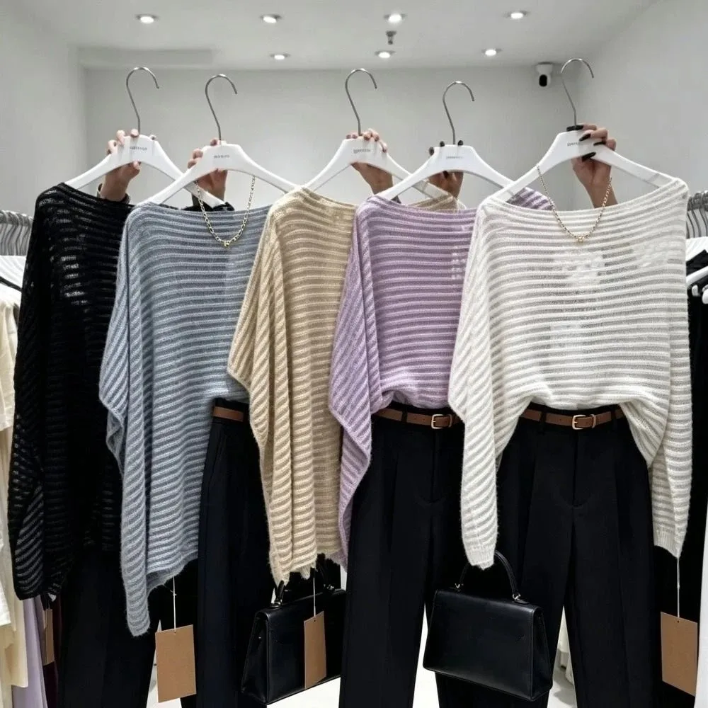 Sun-protective Clothing Stripe Patchwork Crochet Hollow Top Loose Transparent Bohemian Shawl Thin Irregular Beach Cloak Summer