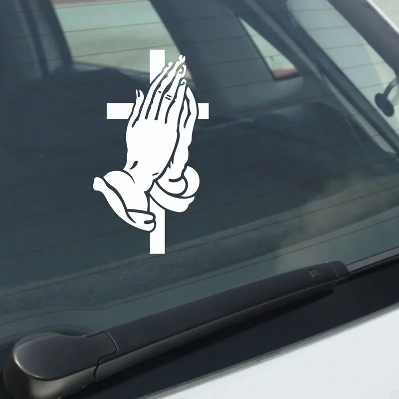 Gradient Praying Hands Cross Sticker 2D Flat Vinyl Decal for Car Rear Window Motorcycle Helmet Waterproof Religious Decor