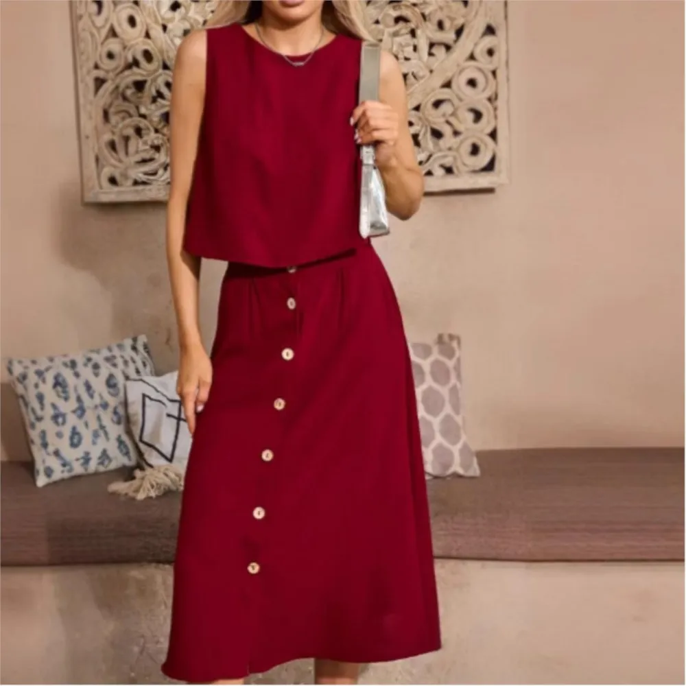 

Модный жилет на пуговицах с круглым вырезом, комплект из 2 предметов, летний повседневный свободный топ без рукавов в полоску с принтом, элегантный женский костюм с юбкой, 2025 г.