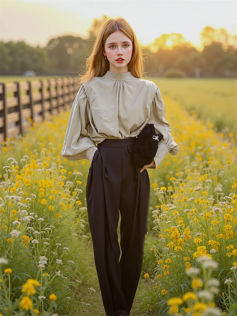 

Long Lantern Sleeve Women Summer Shirts Shirring Y2K Aesthetic Streetwear Vintage Fashion Button Front Simple Basic Casual Tops