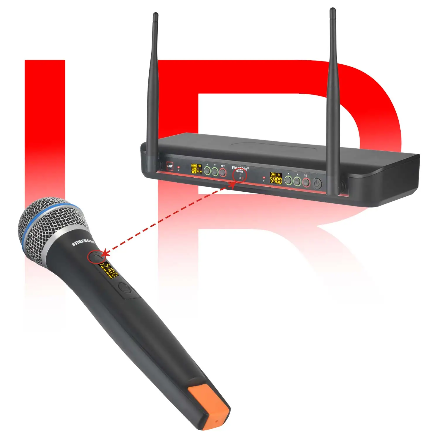 FREEBOSS UHF Microphone Wireless Dynamic Handheld 2*100 Channel Adjustable Frequency IR Cordless Mic for Karaoke Church FB-U38