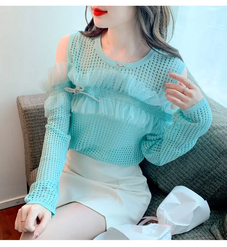 Sweet Women's Knit Pullover With Ruffled Butterfly Sleeves And Hollow Out Detail For Summer Parties And Evening Outings 3