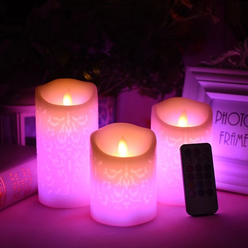 3pcs Remote control Carved 3D Moroccan Flickering Candle Color Changing Paraffin LED Pillar Candle Battery Operated Dancing wick