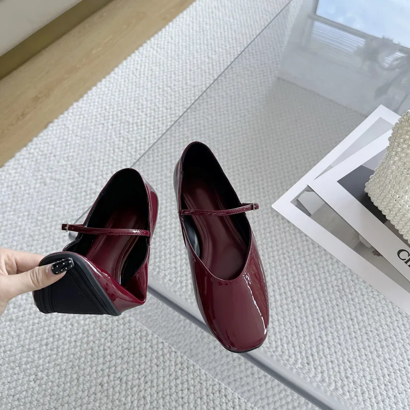 Wine Red Flat Shoes Women Low Heel Pumps Patent Leather Mary Jane Shoes Comfort Heels To Flats Big Size 42 43 Female Office Shoe