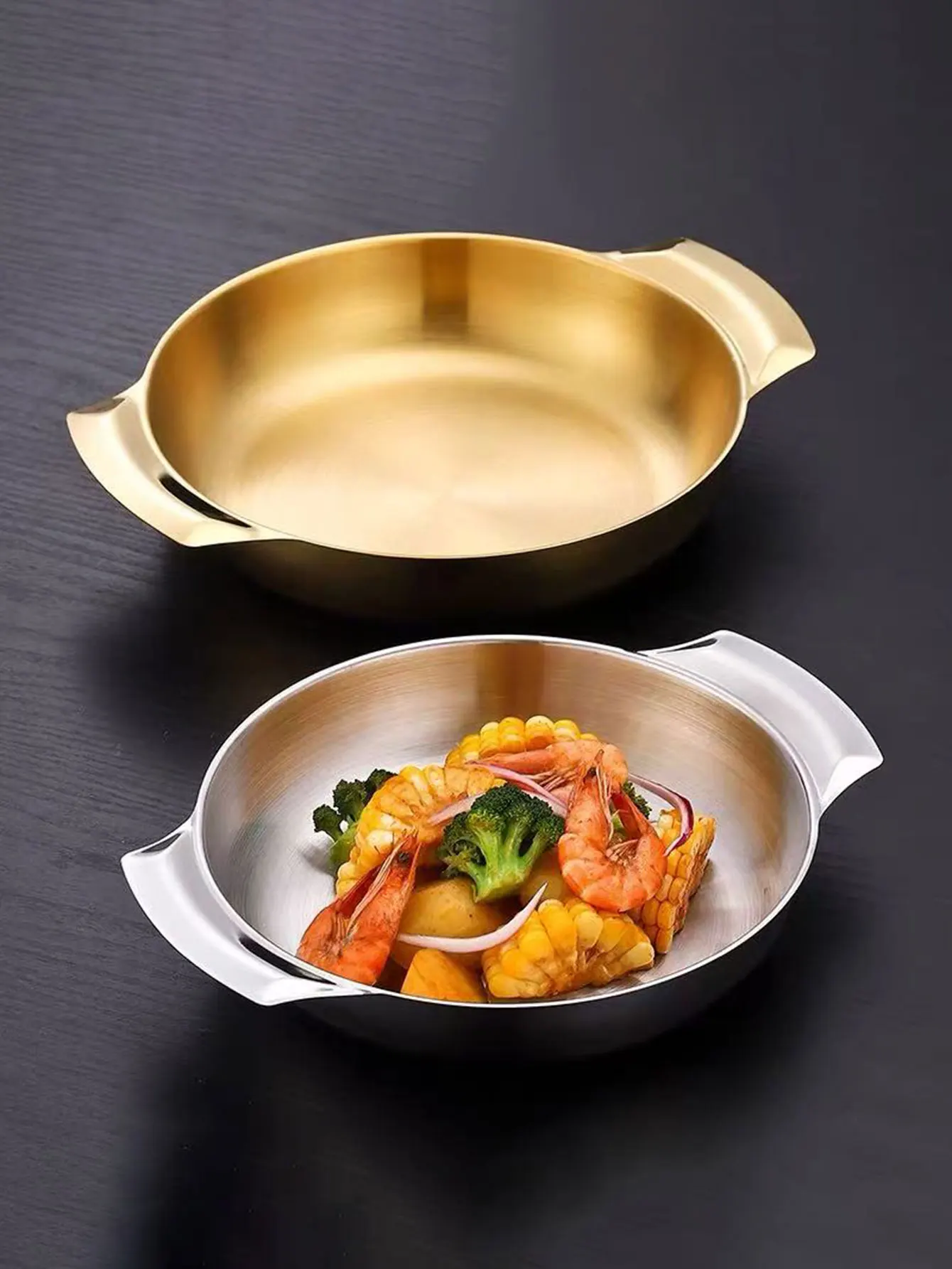 Korean-Style 304 Stainless Steel Double-Handle Snack Plate, Pasta Plate, Creative Baked Rice Plate, Deep Round Plate, Flat Bottom Plate, 1 Piece