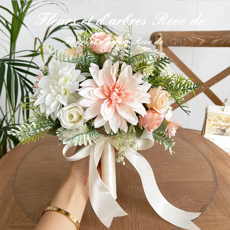 White Pink Artificial Silk Flowers for Home Wedding Bouquet Decor Bedroom Centerpiece Table Arrange Bride Holding Fake Bouquet