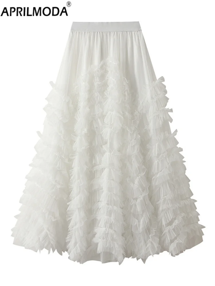

2025 Elegant High Street A Line Tiered Tulle Maxi Skirt Women High Waist Mesh Long Skirt Pink Black White Blue Cake Party Skirts