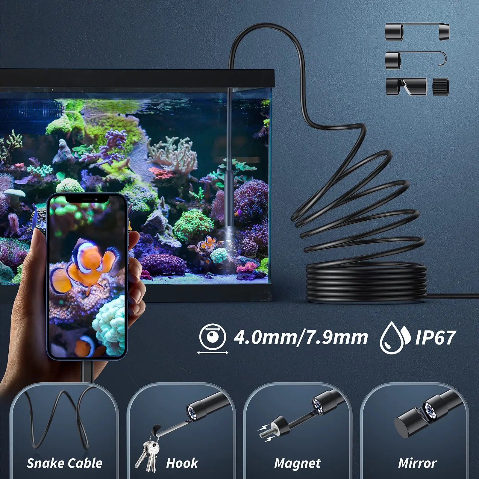 Endoscope Camera with Light 7.9mm IP67 Waterproof Inspection Camera for iOS 1920P HD Borescope with 8 Adjustable LED Lights