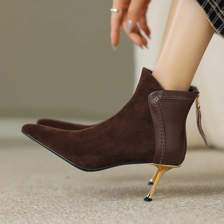 

2023Autumn Women Ankle Boots Elegant Brown Suede Short Botas Mixed Leather Iron Thin High Heels Black Botines Femininos Zapatos