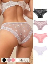 4PCS Lace Bikini Briefs Panties Women's Transparent Lingerie Sexy Female Underpants Floral Lace Perspective Waist Band Briefs