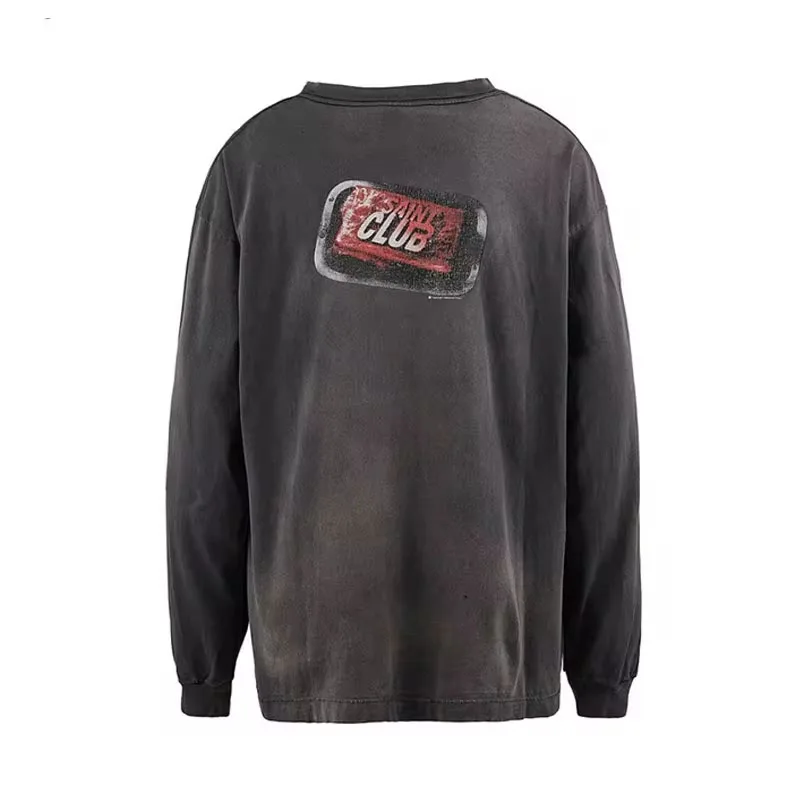 Vintage Streetwear Saint Long Sleeve Tee Men Woman Washed Grey Best Quality Oversize T Shirt 2024ss Casual Couple