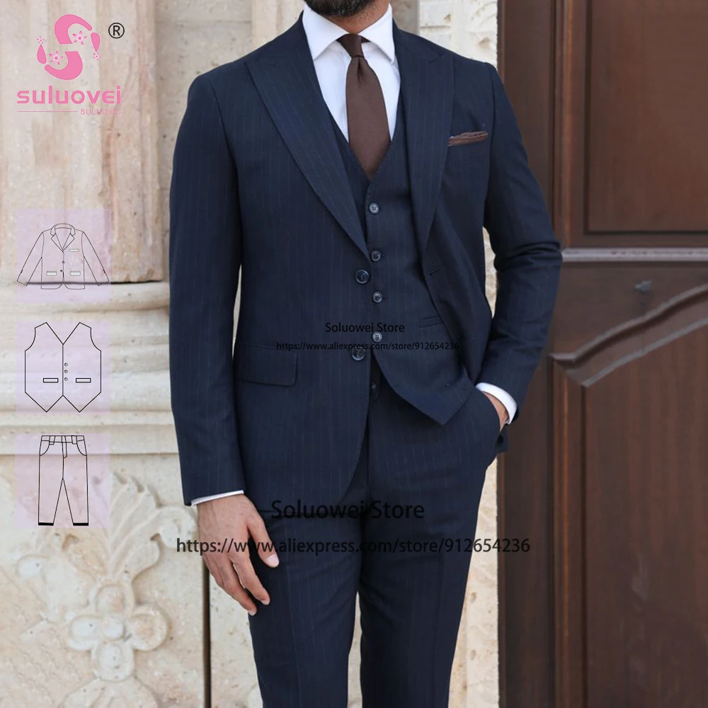 

Elegant Navy Blue Pinstripe Suits For Men Slim Fit 3 Piece Pants Set Formal Groom Wedding Peaked Lapel Tuxedos Vestidos De Novia