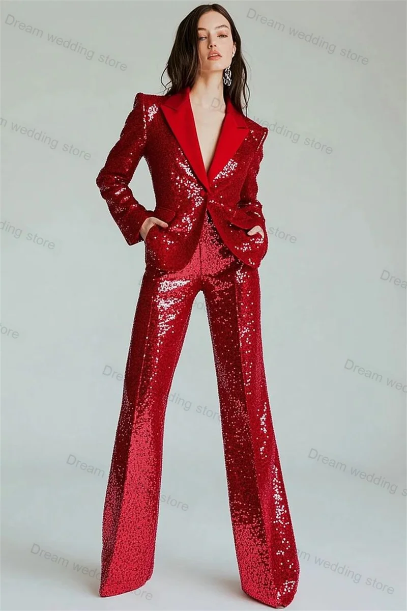 

Red Sequins Women Suit Pants Set 2 Piece Shiny Blazer+Trousers Formal Office Lady Jacket Wedding Tuxedo Customized Prom Coat