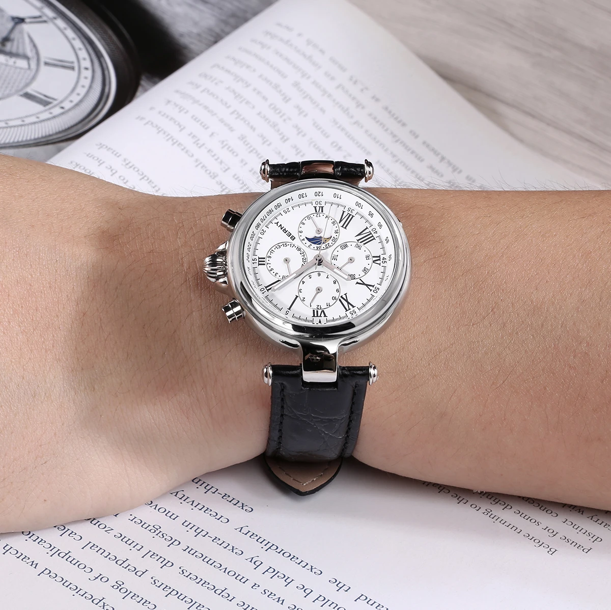 BERNY Retro Automatic Men's Watch Sun&Moon Phase Luminous ST1652 Classic Genuine Leather Luxury Mechanical Men's Dress Watches