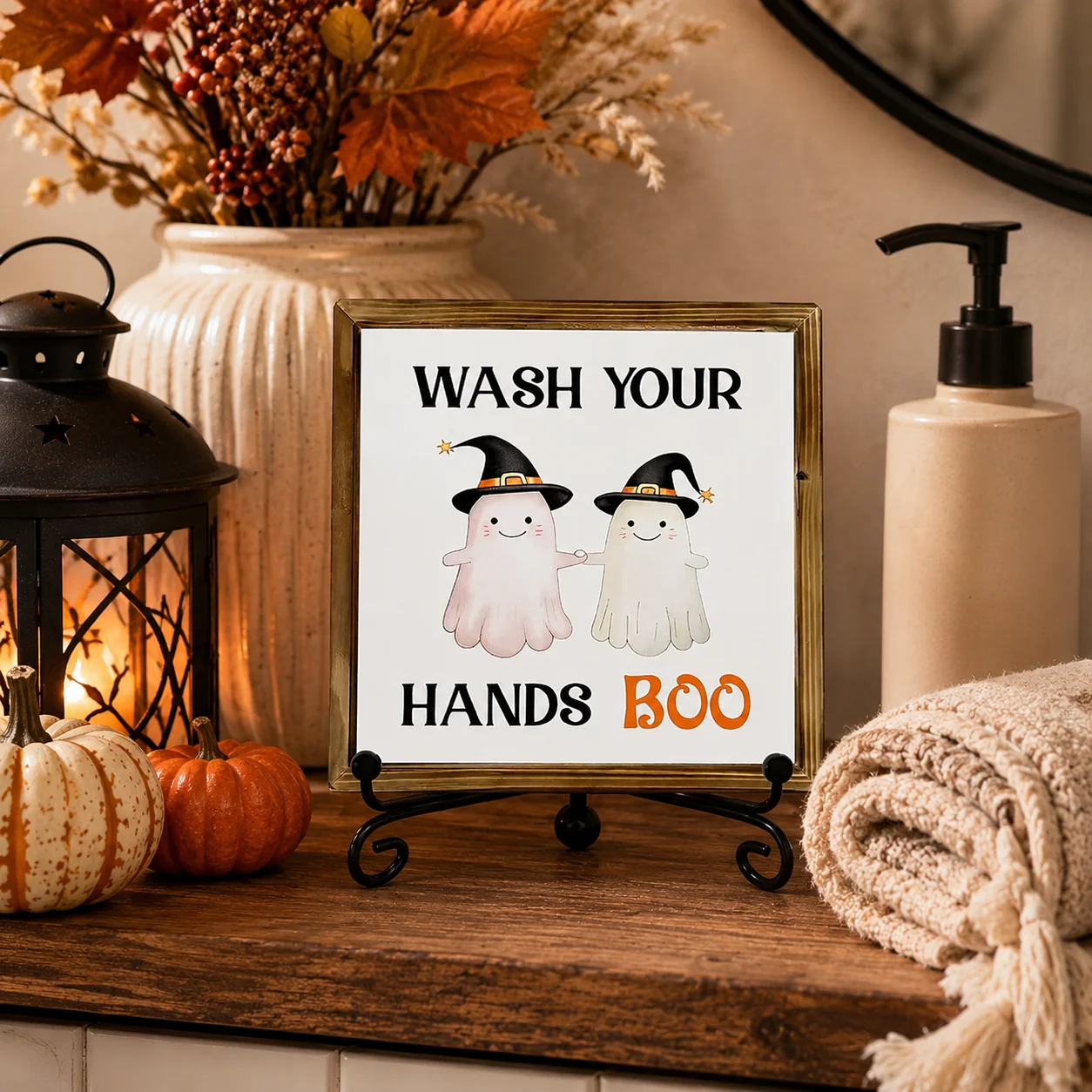 Halloween Ghost Bathroom Decor Sign with Iron Stand, Wash Your Hands Boo Wooden Tabletop Plaque, 4 Inch
